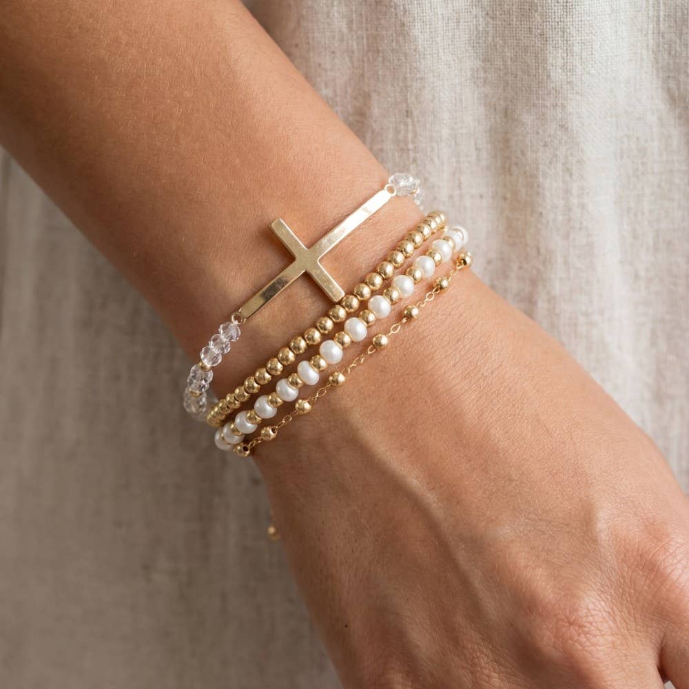 Cross Charm Pearl And Metallic Beaded Bracelet: GD