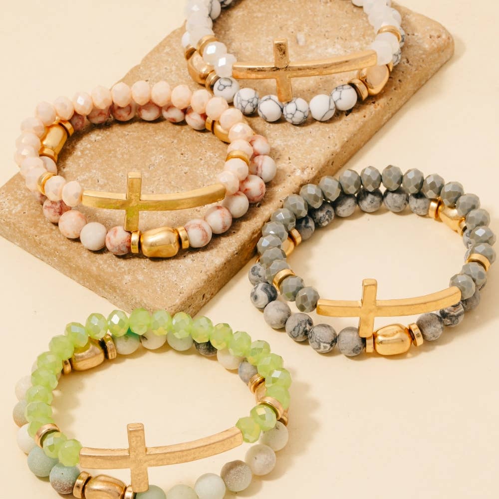 Cross Charm Stone Beaded Bracelet Set: LCTWG