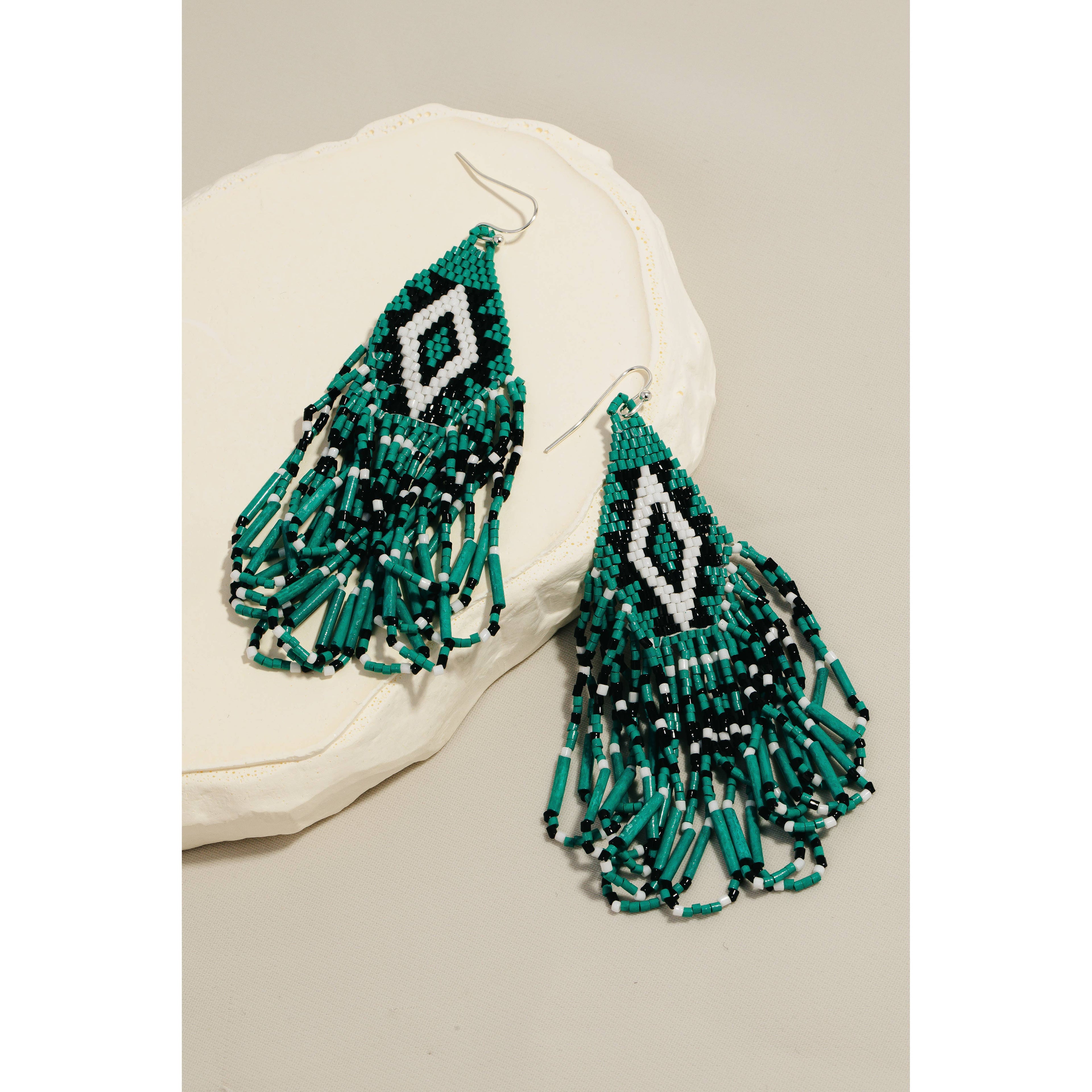 Triangular Boho Seed Beaded Fringe Dangle Earrings: SHP