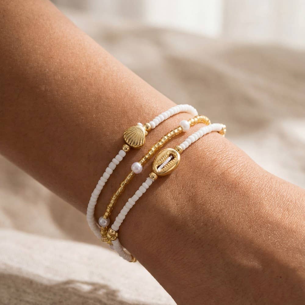 Cowrie And Clam Shell Mixed Beaded Bracelet Set: WHG2