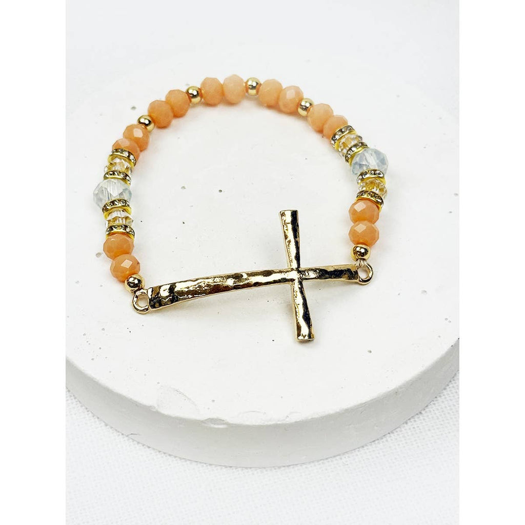 Hammered Cross Bead Stretch Bracelet: MIX COLOR