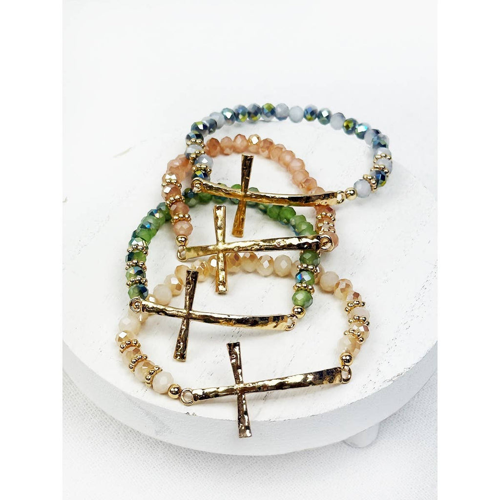 Hammered Cross Bead Stretch Bracelet: MIX COLOR