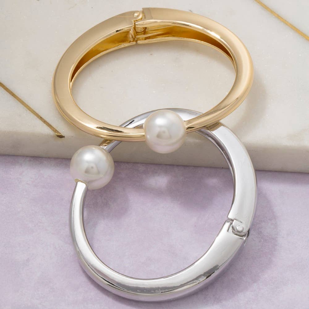 Pearl Bead Thin Metal Hinged Bangle Bracelet: S