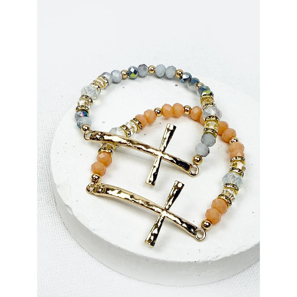 Hammered Cross Bead Stretch Bracelet: MIX COLOR