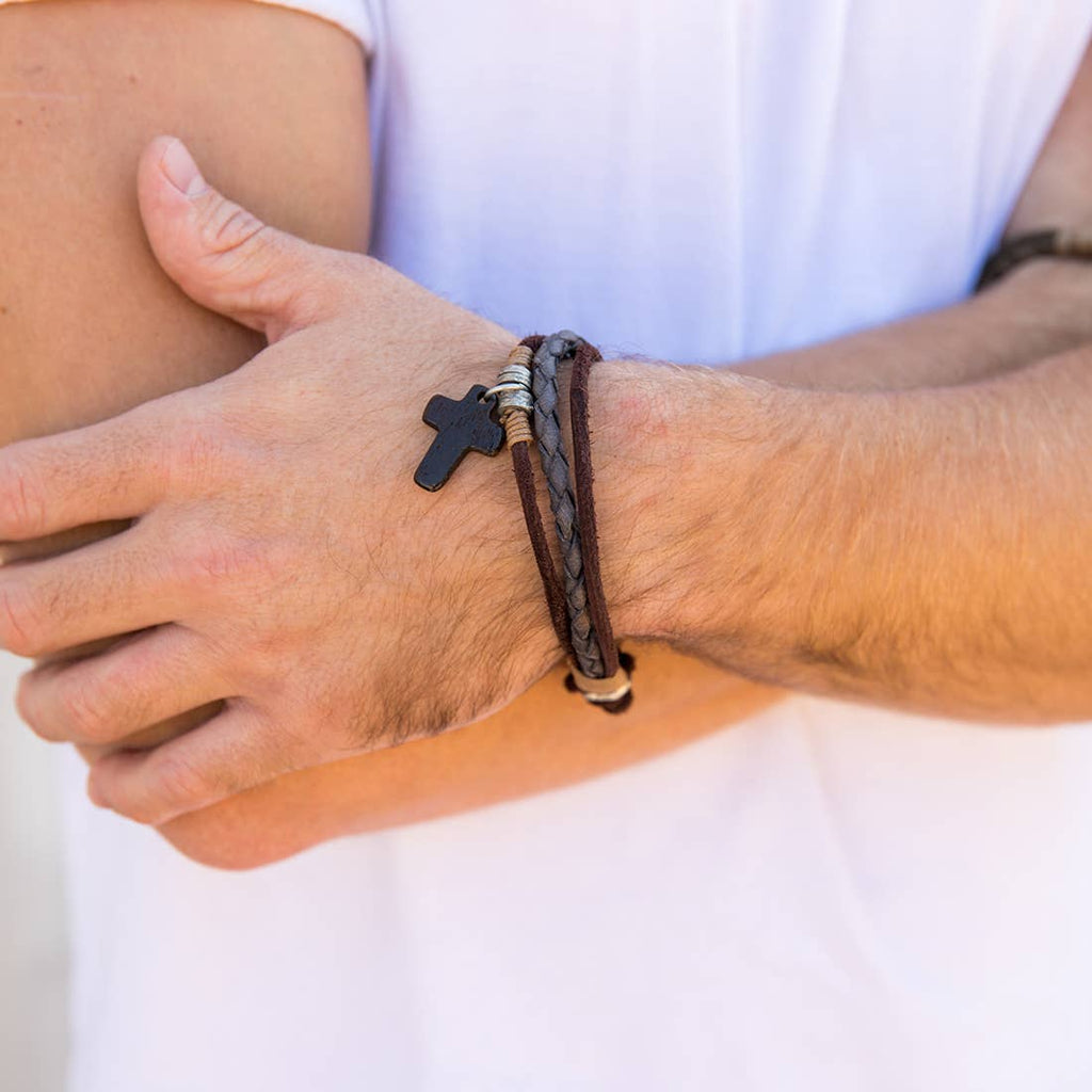 Aadi Brown Wooden Cross and Leather Men's Bracelet