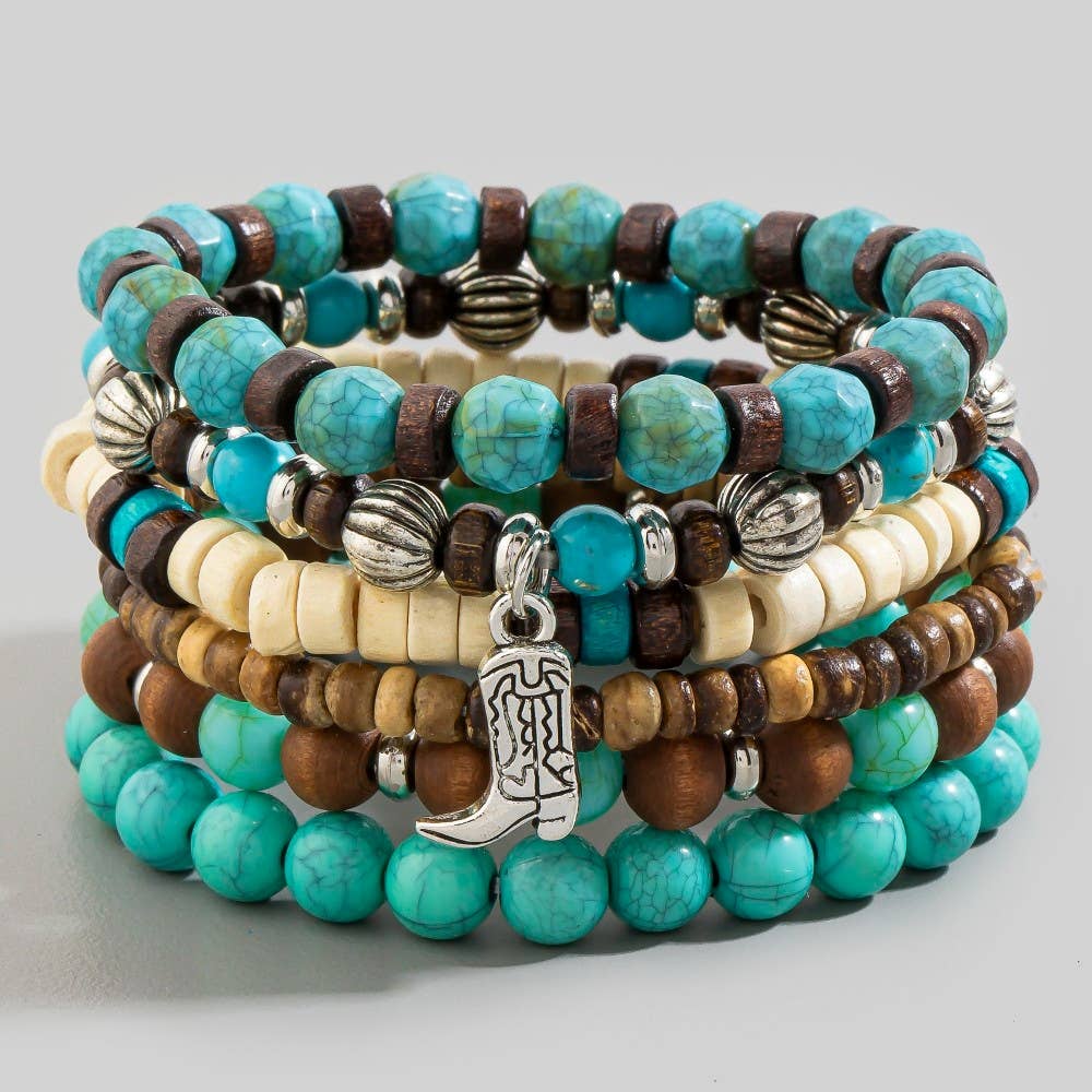 Assorted Western Charms Wooden Beads Bracelet Set: MULTI
