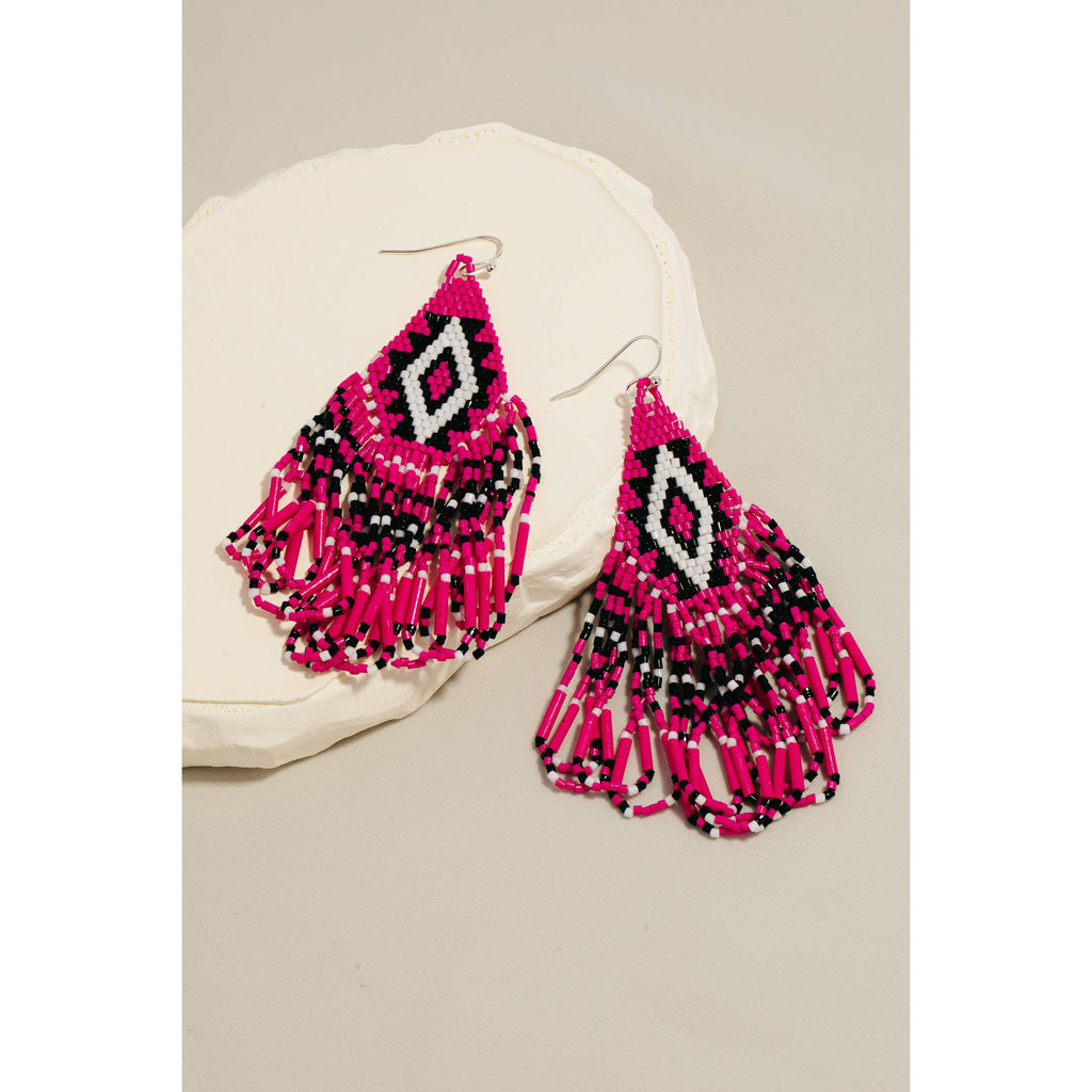 Triangular Boho Seed Beaded Fringe Dangle Earrings: SHP