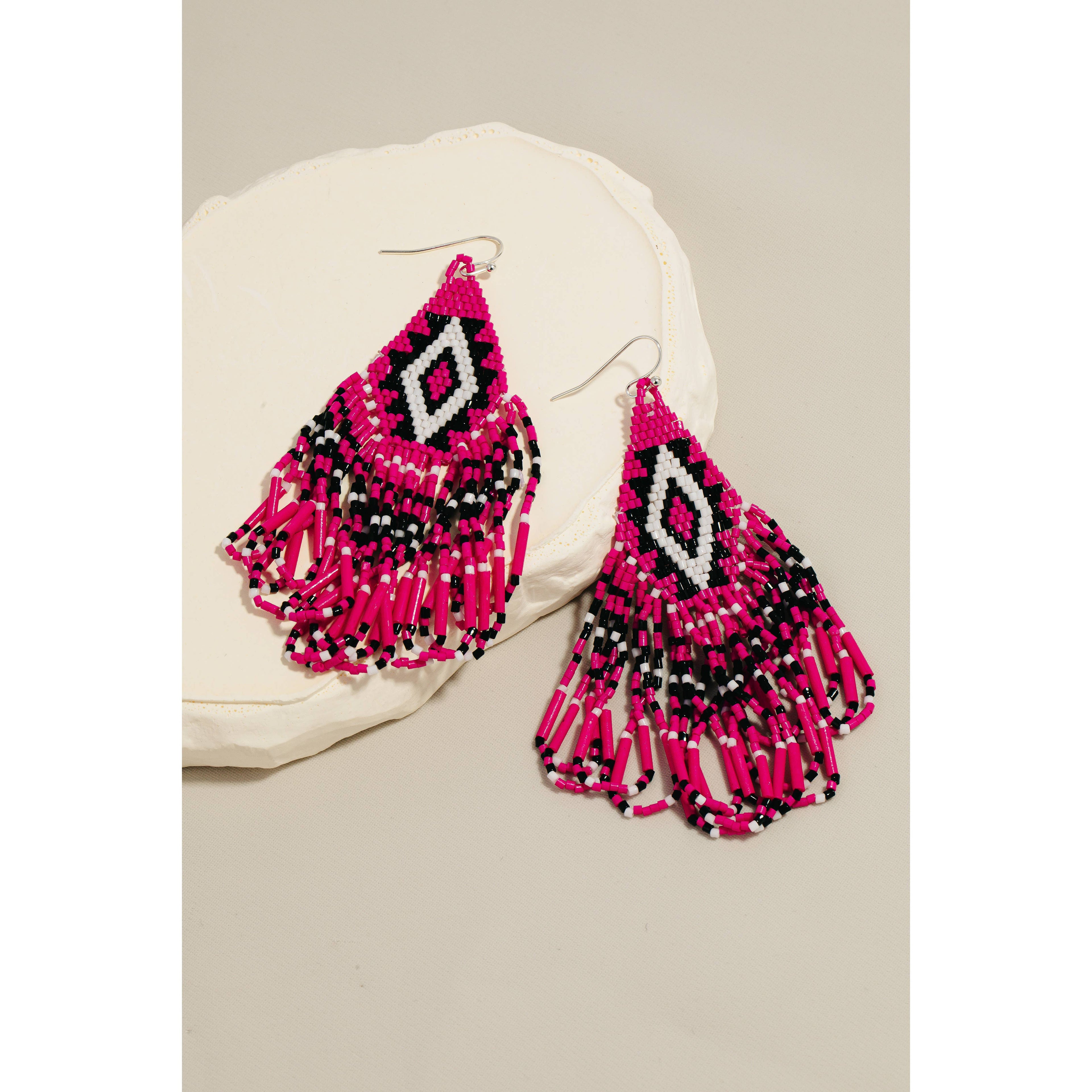 Triangular Boho Seed Beaded Fringe Dangle Earrings: SHP