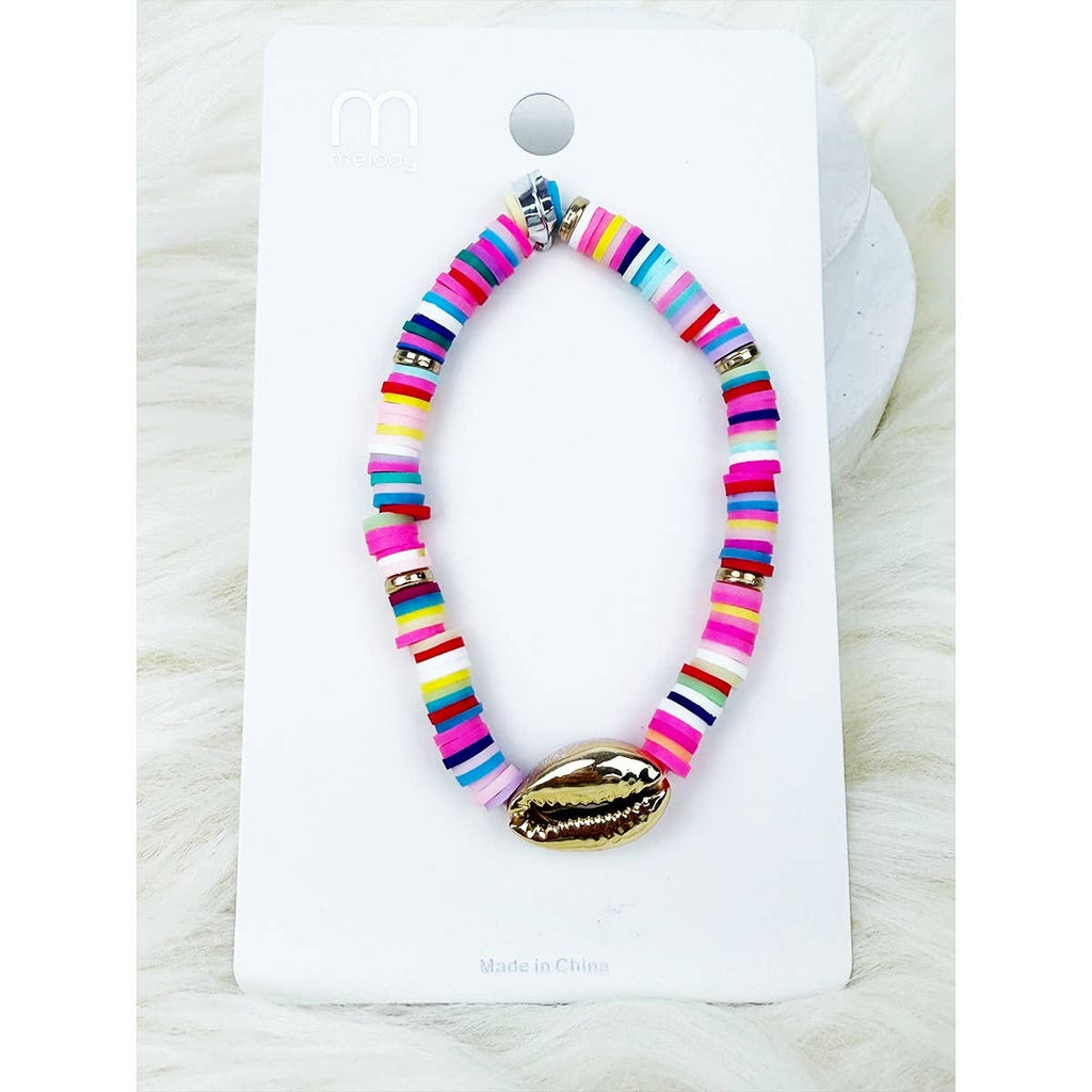 Mixed Color Clay Bead Sea Shell Charm Bracelet: MIX COLOR