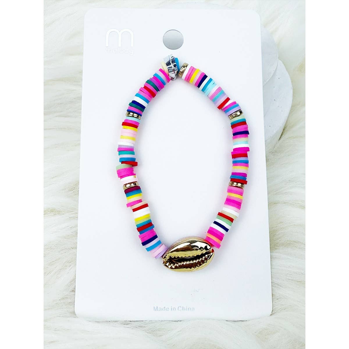 Mixed Color Clay Bead Sea Shell Charm Bracelet: MIX COLOR