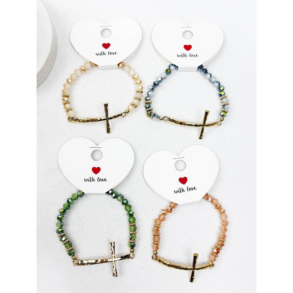 Hammered Cross Bead Stretch Bracelet: MIX COLOR