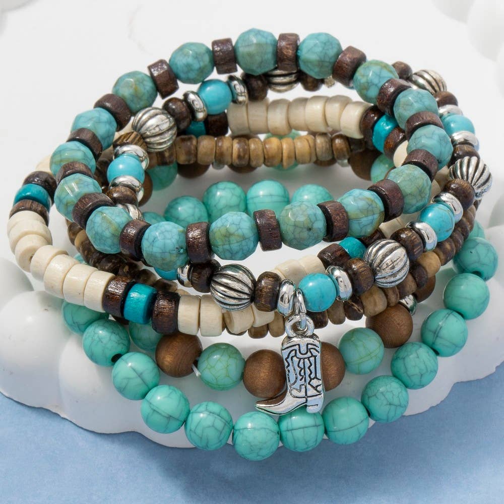 Assorted Western Charms Wooden Beads Bracelet Set: MULTI