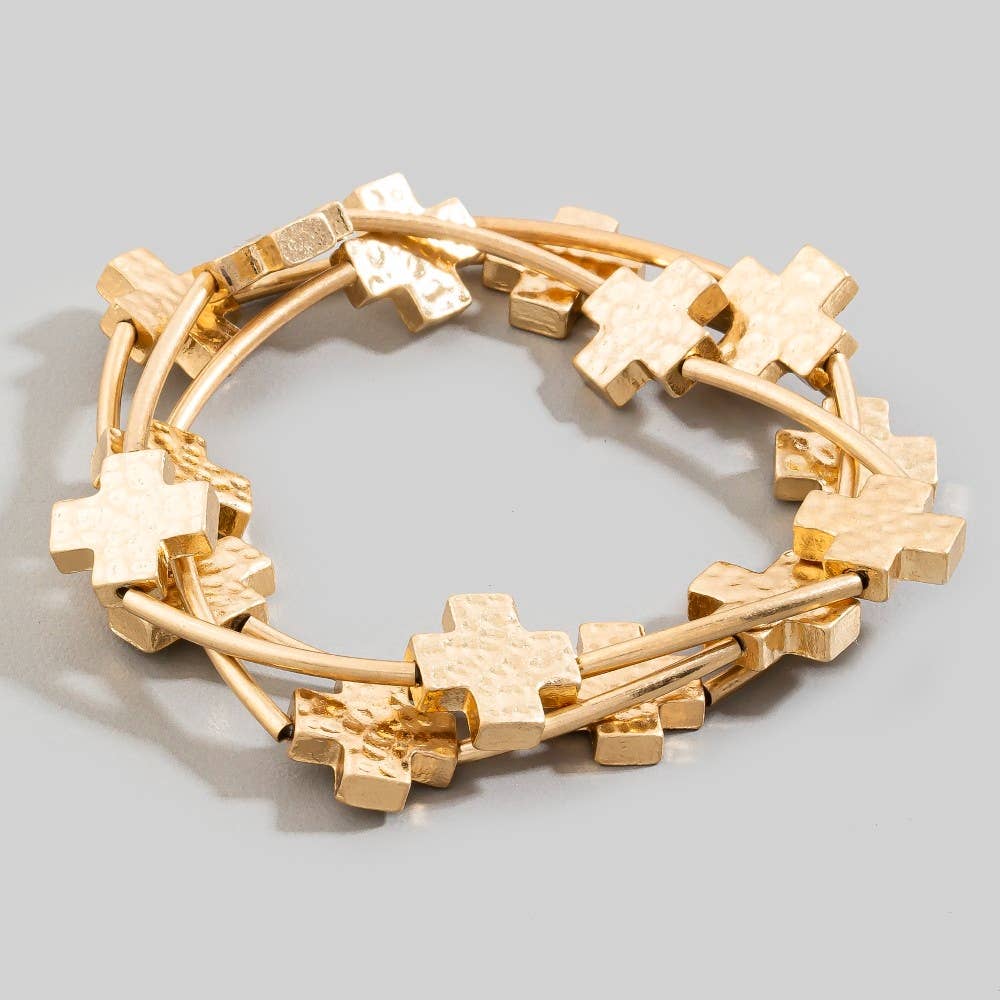 Hammered Cross Charms Layered Bracelet Set: WG