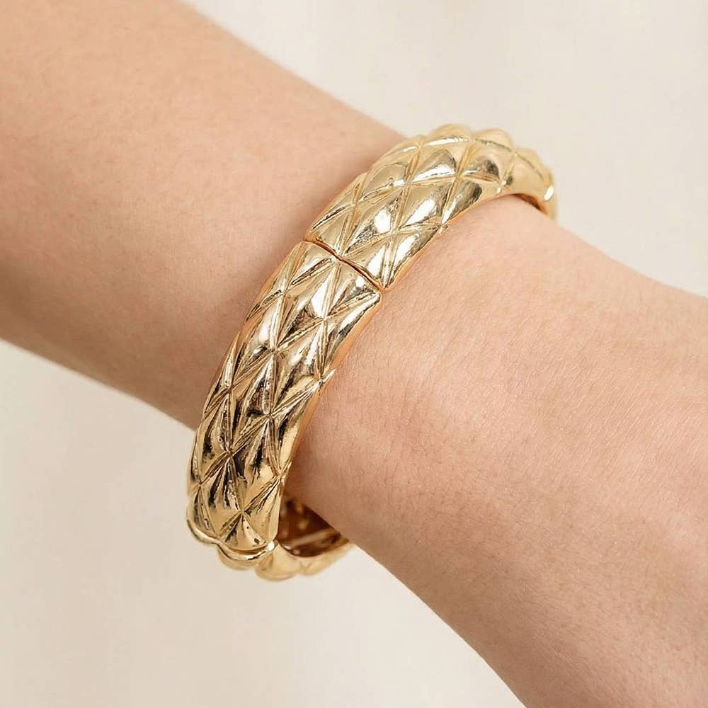 Quilted Pattern Metallic Elastic Bangle Bracelet: Gold