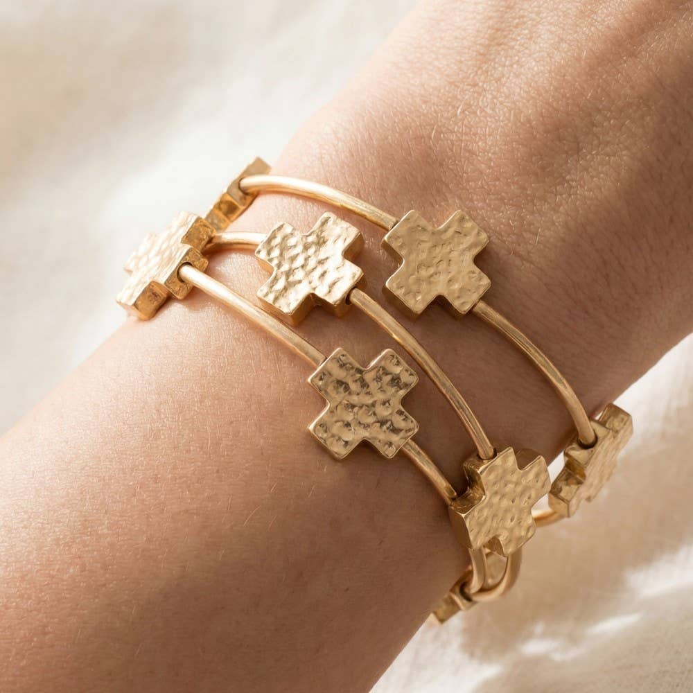 Hammered Cross Charms Layered Bracelet Set: WG