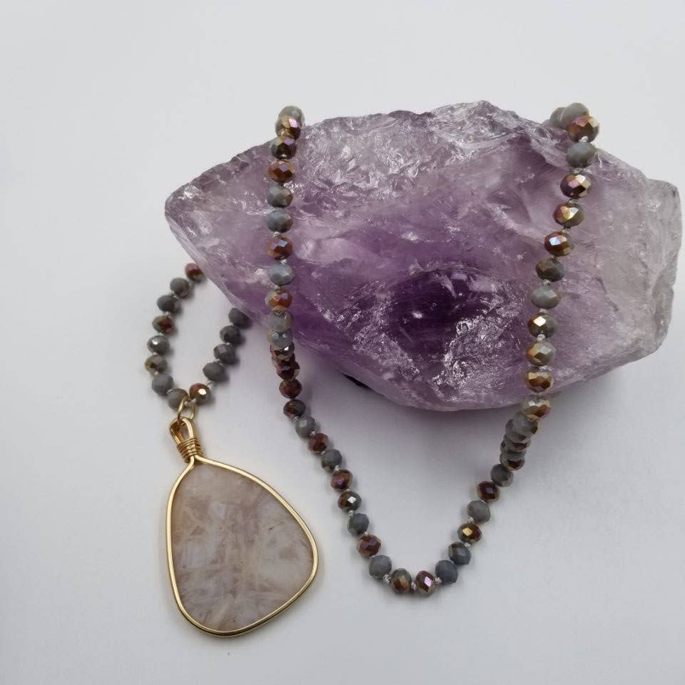 Natural Stone Pendant Long Bead Necklace