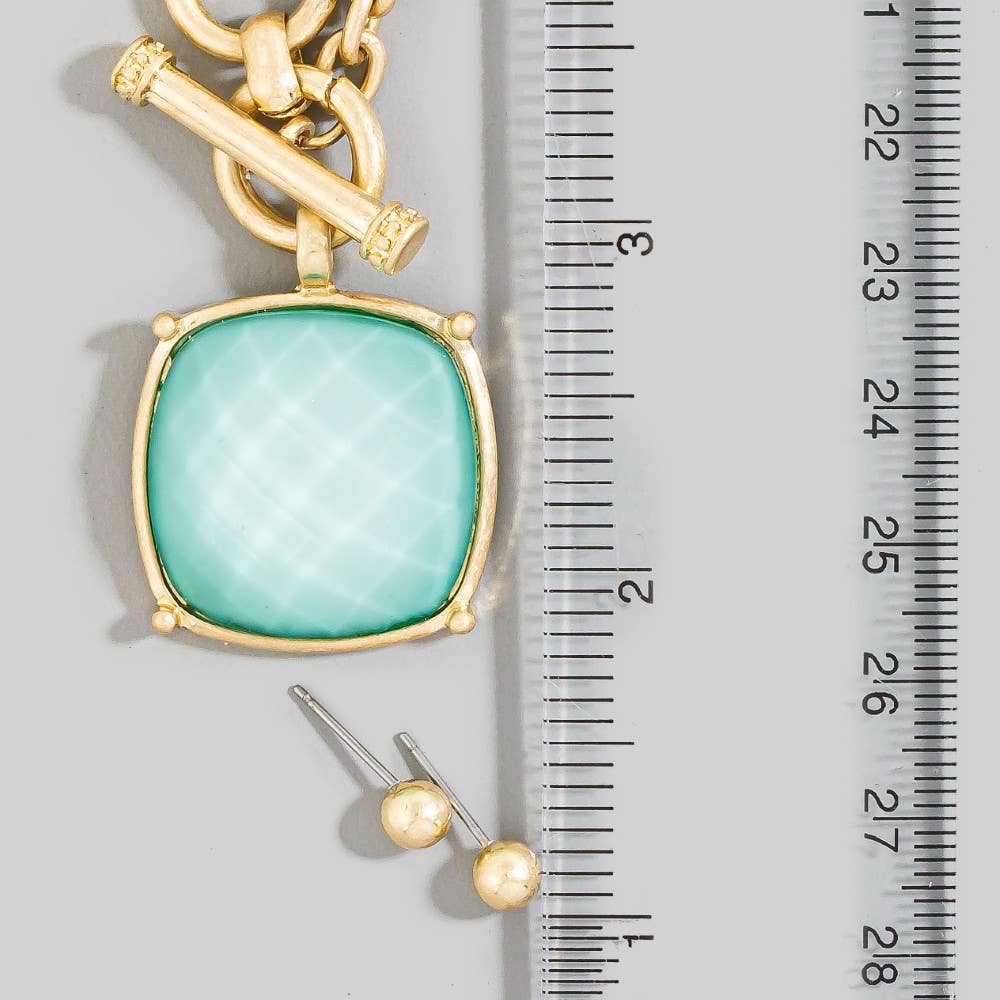 Large Square Faceted Stone Pendant Toggle Chain Necklace: SNOW