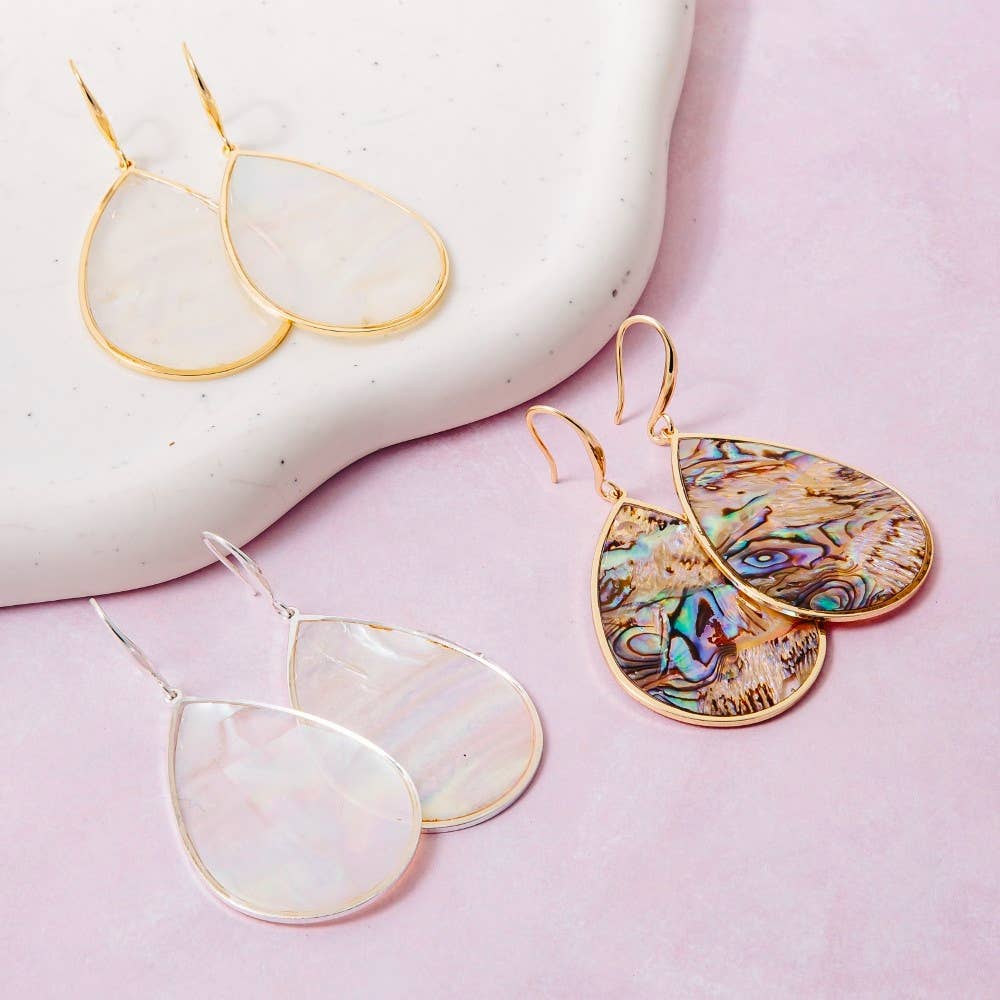 Gold Bezel Iridescent Shell Dangle Earrings: WHTSIL