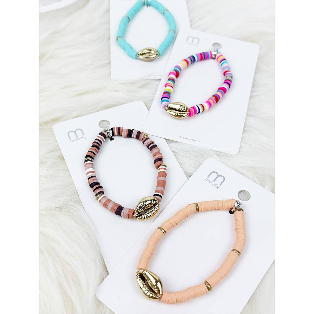 Mixed Color Clay Bead Sea Shell Charm Bracelet: MIX COLOR
