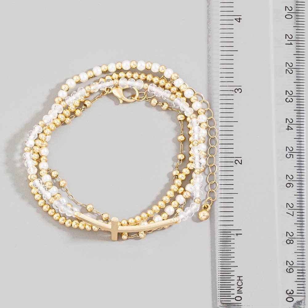 Cross Charm Pearl And Metallic Beaded Bracelet: GD