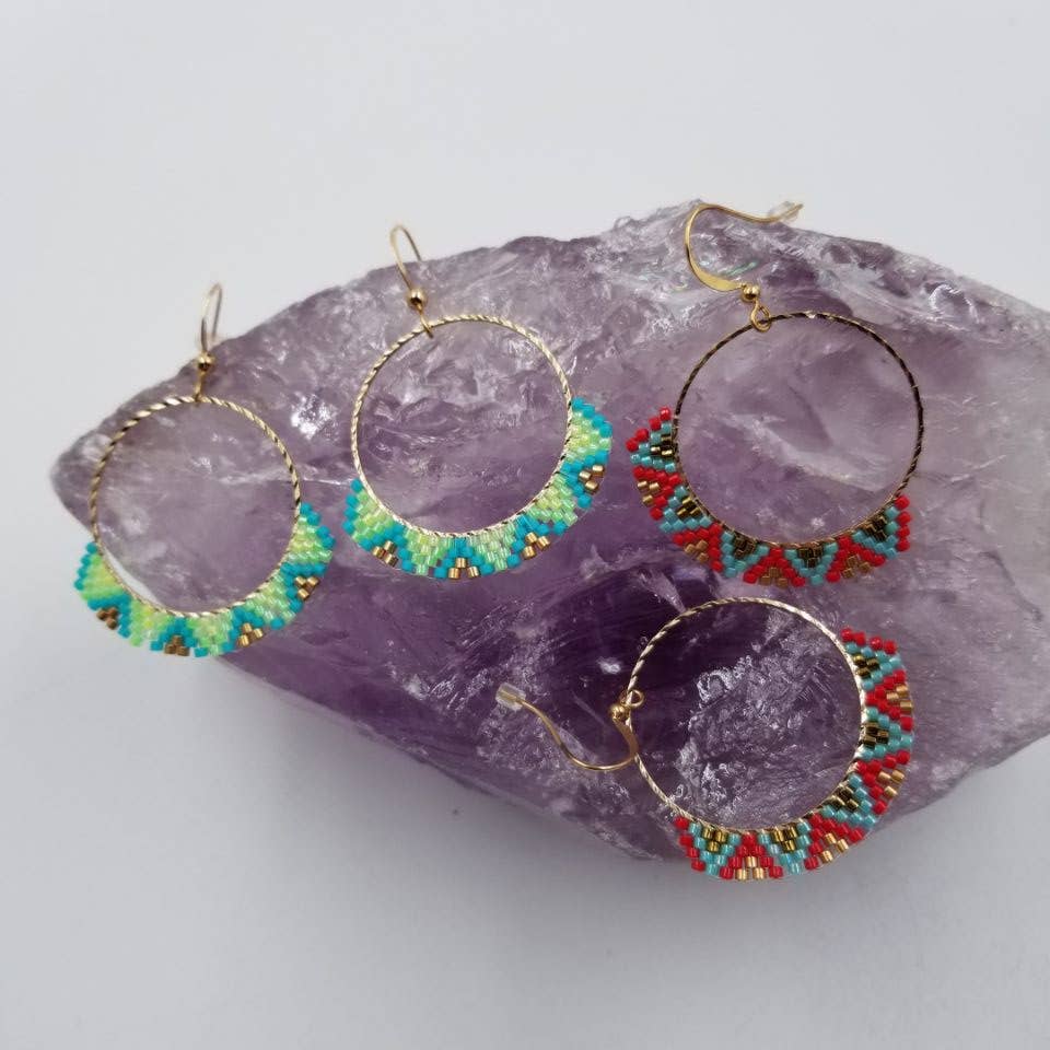 Boho Handwoven Seed Beed Hoop Earrings: Red