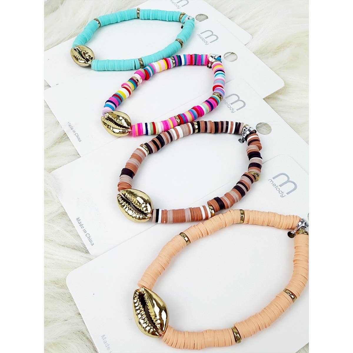 Mixed Color Clay Bead Sea Shell Charm Bracelet: MIX COLOR