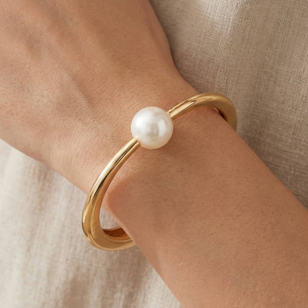 Pearl Bead Thin Metal Hinged Bangle Bracelet: S