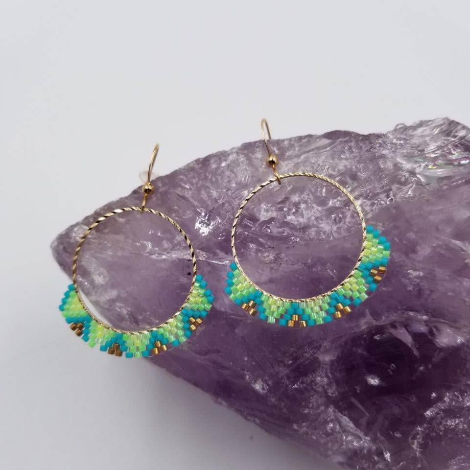 Boho Handwoven Seed Beed Hoop Earrings: Red