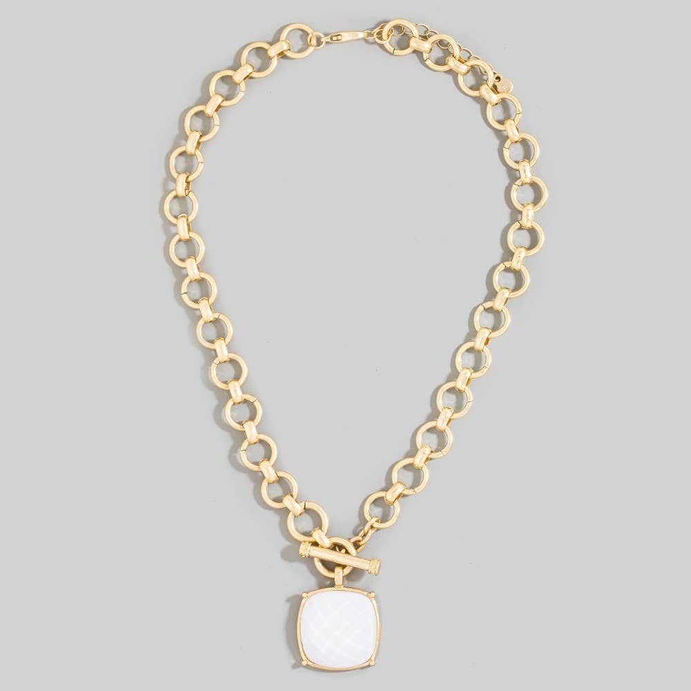 Large Square Faceted Stone Pendant Toggle Chain Necklace: SNOW