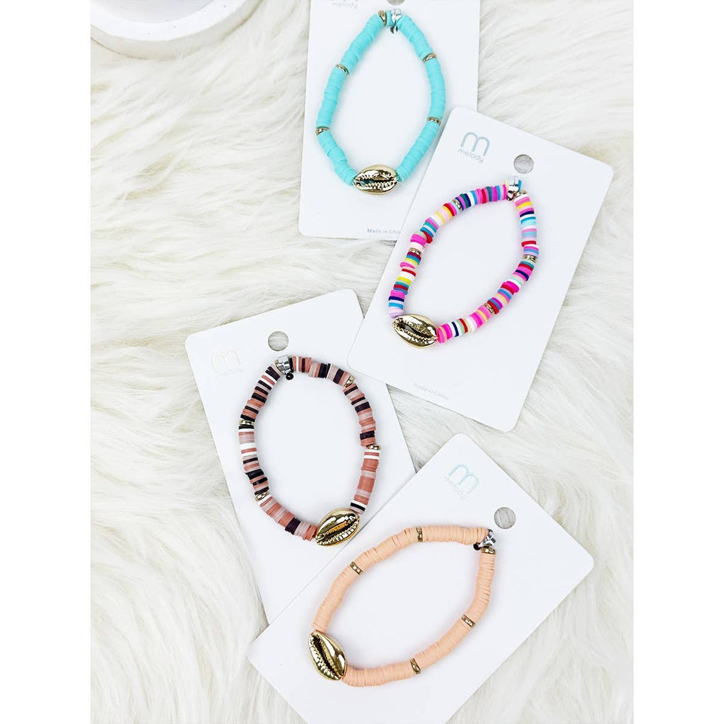 Mixed Color Clay Bead Sea Shell Charm Bracelet: MIX COLOR
