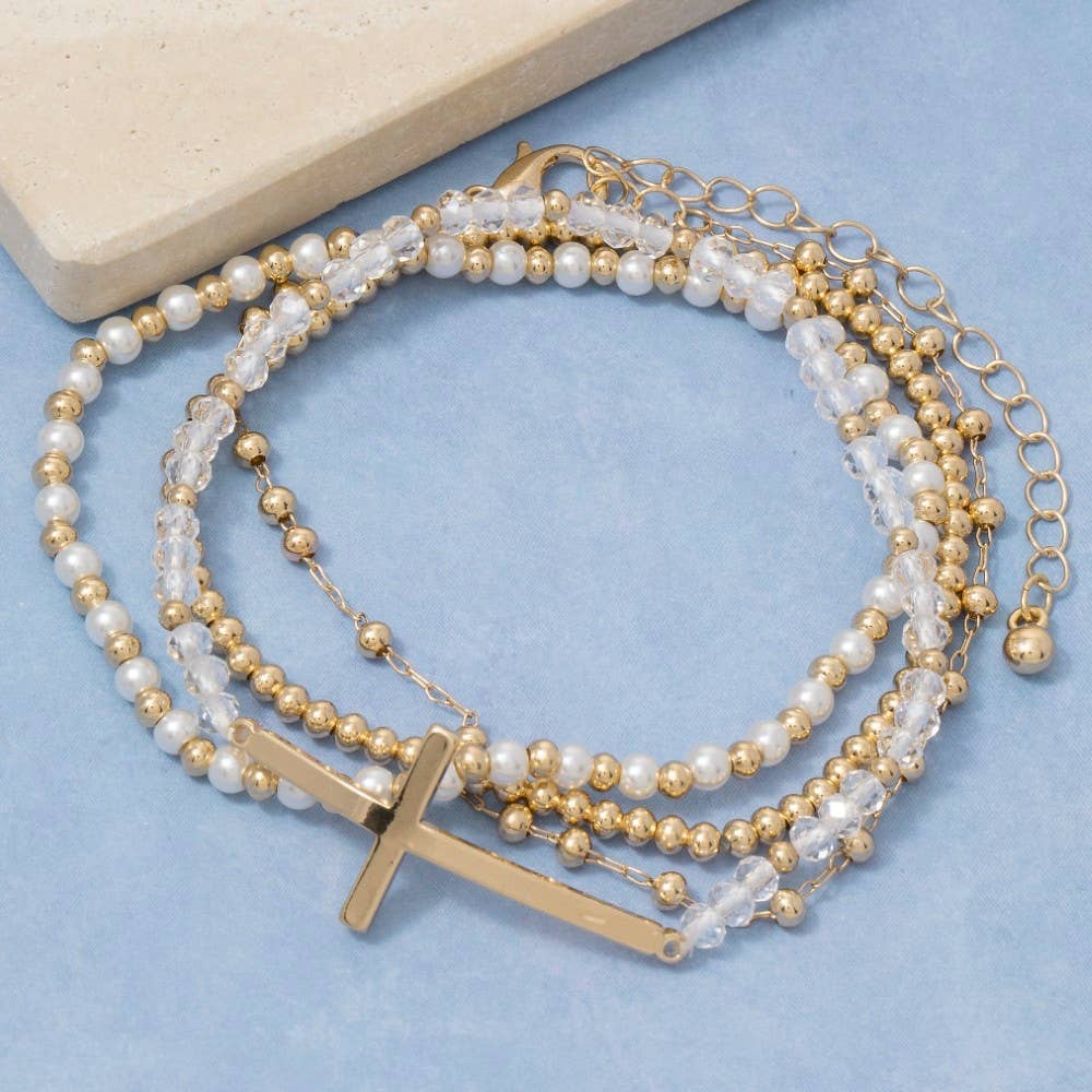 Cross Charm Pearl And Metallic Beaded Bracelet: GD