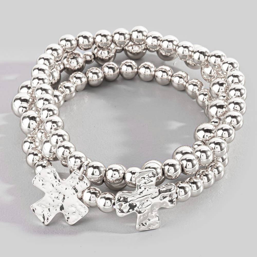 Hammered Cross Charm Metallic Beaded Bracelet Set: GD