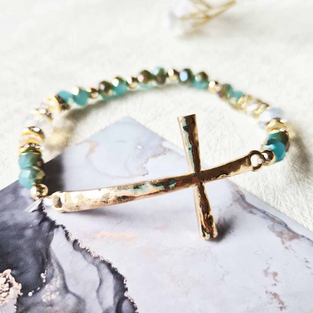 Hammered Cross Bead Stretch Bracelet: ASSORTED COLOR