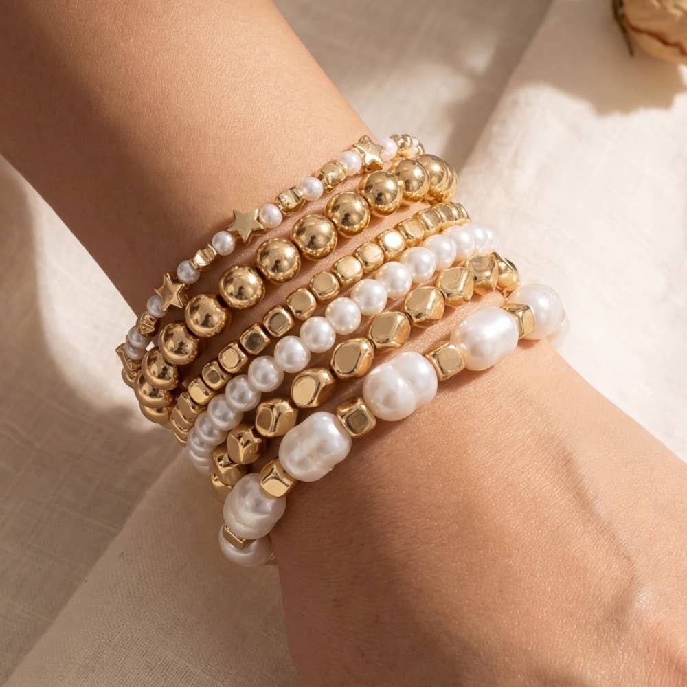Metallic And Pearl Beaded Elastic Bracelet Set: GD