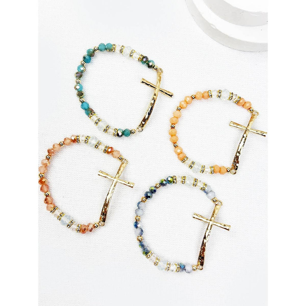 Hammered Cross Bead Stretch Bracelet: MIX COLOR
