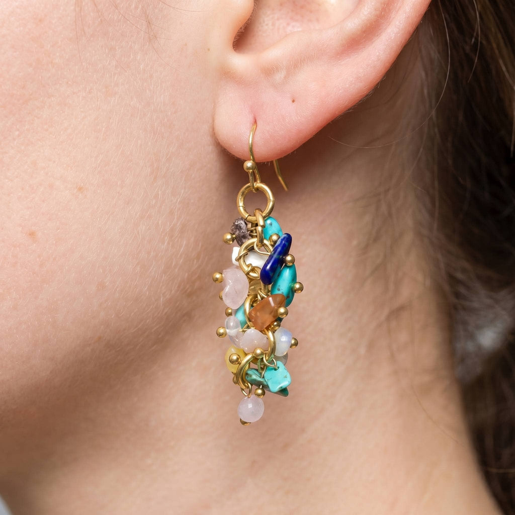 Pebble Stone Beaded Fringe Dangle Earrings: GDHOW