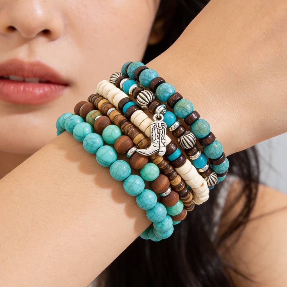 Assorted Western Charms Wooden Beads Bracelet Set: MULTI