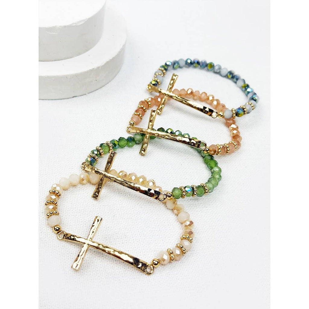 Hammered Cross Bead Stretch Bracelet: MIX COLOR
