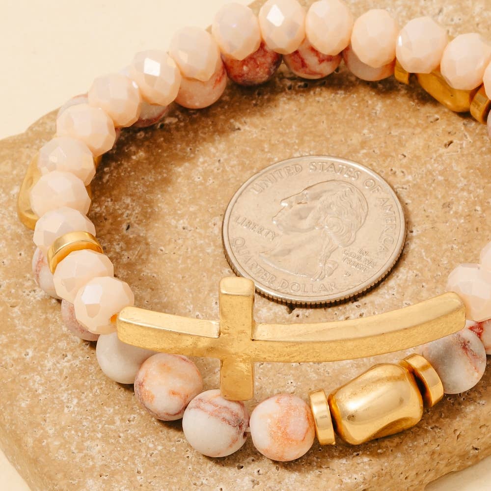 Cross Charm Stone Beaded Bracelet Set: LCTWG