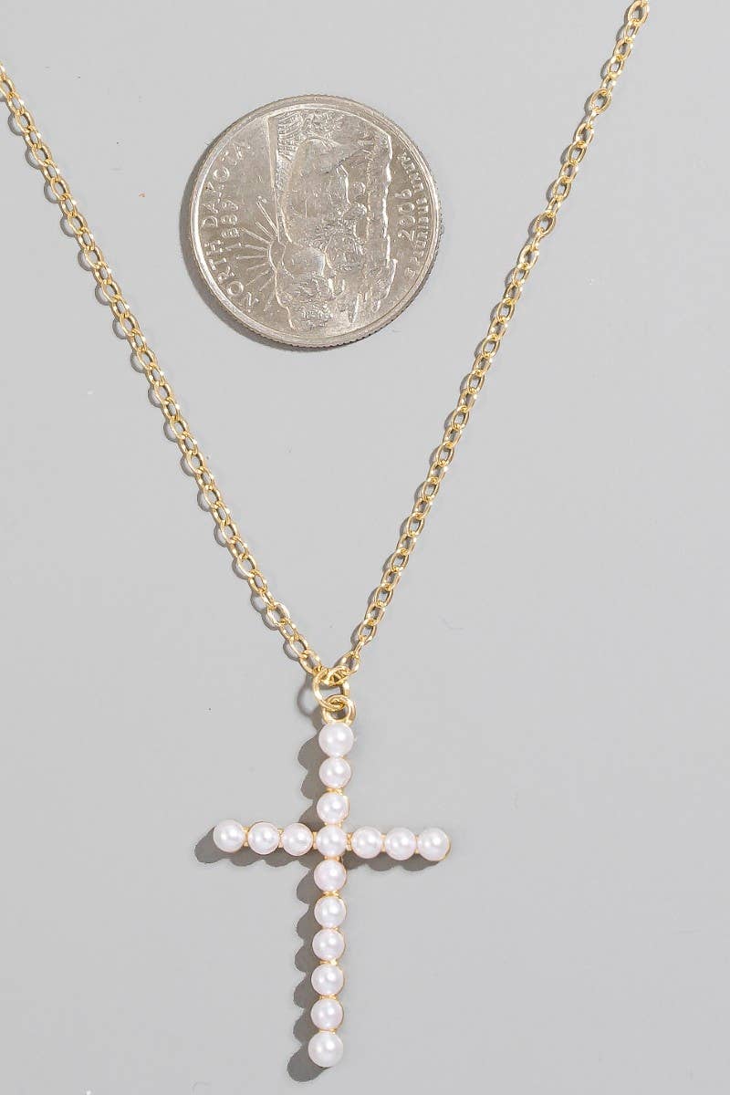 Pearl Cross Pendant Necklace: RHCRM