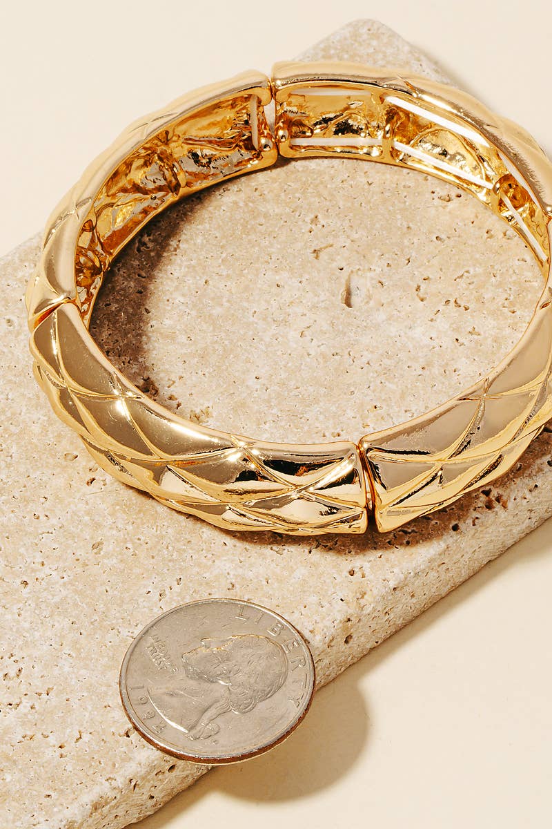 Quilted Pattern Metallic Elastic Bangle Bracelet: Gold
