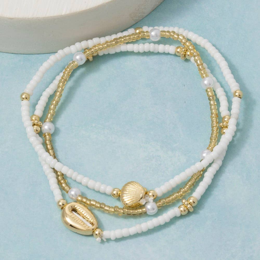 Cowrie And Clam Shell Mixed Beaded Bracelet Set: WHG2