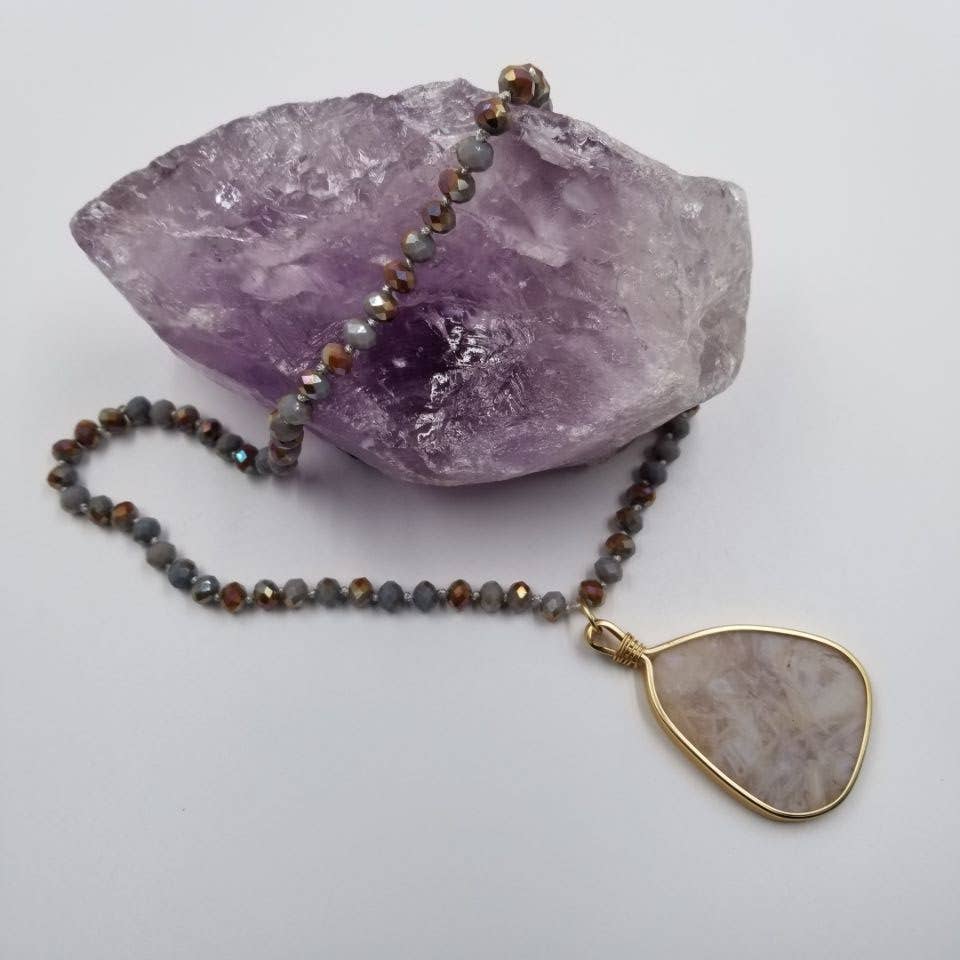 Natural Stone Pendant Long Bead Necklace