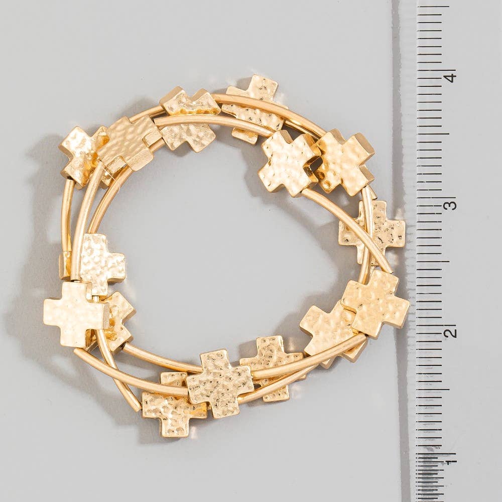 Hammered Cross Charms Layered Bracelet Set: WG