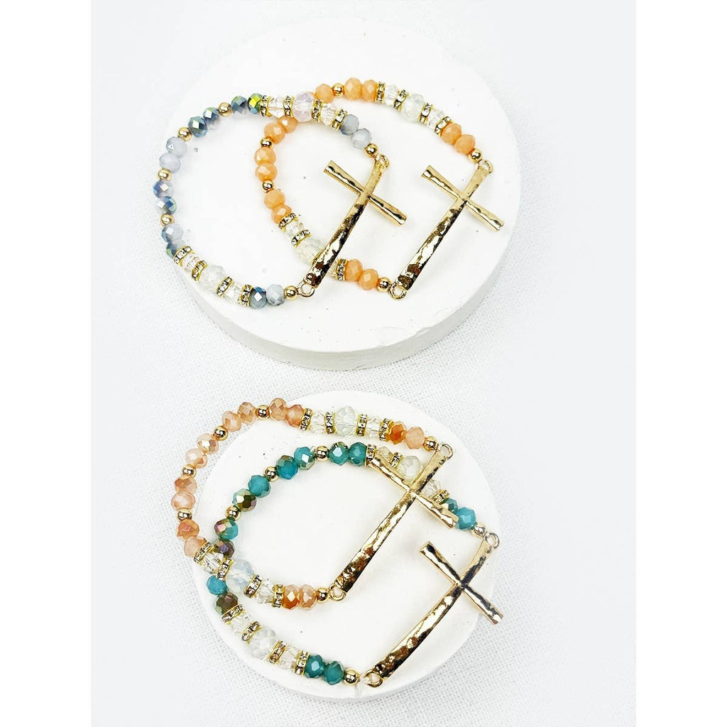 Hammered Cross Bead Stretch Bracelet: MIX COLOR