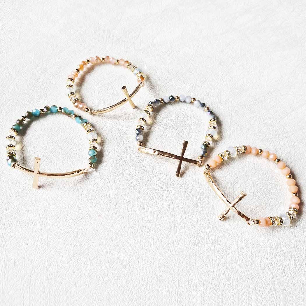 Hammered Cross Bead Stretch Bracelet: ASSORTED COLOR