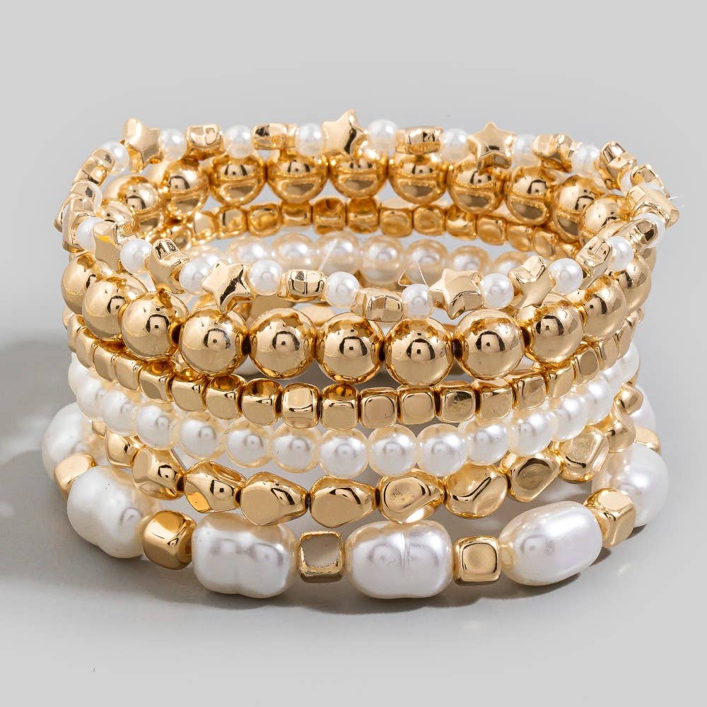 Metallic And Pearl Beaded Elastic Bracelet Set: GD