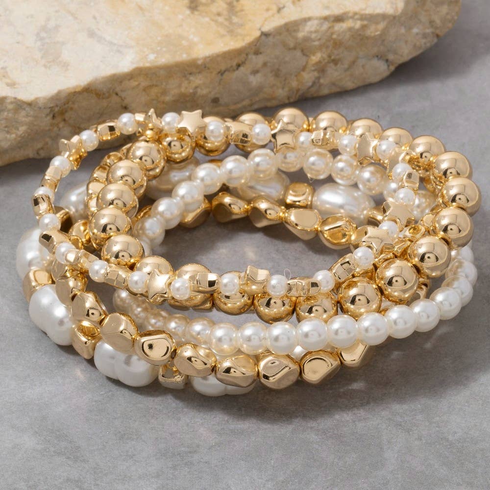 Metallic And Pearl Beaded Elastic Bracelet Set: GD