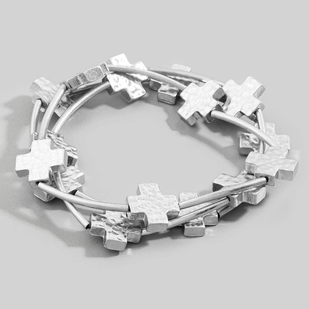 Hammered Cross Charms Layered Bracelet Set: WG