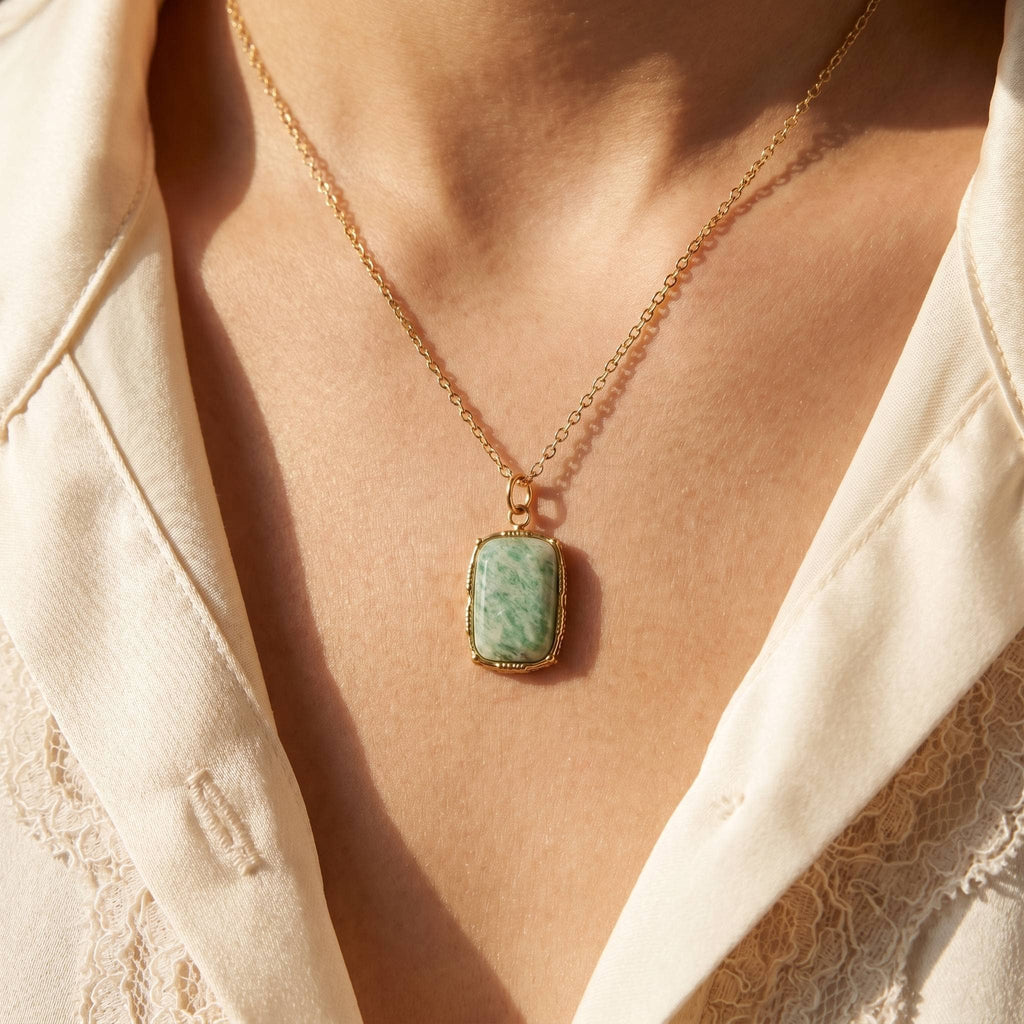 Stainless Steel Rectangle Stone Pendant Necklace: RD